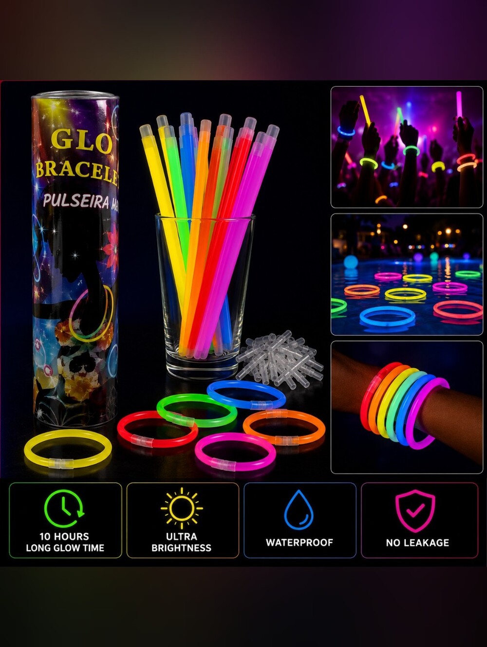 NWT 50-Pc 8" Ultra Bright Glow Sticks Party Pack w/ Connectors Bracelets Jewelry